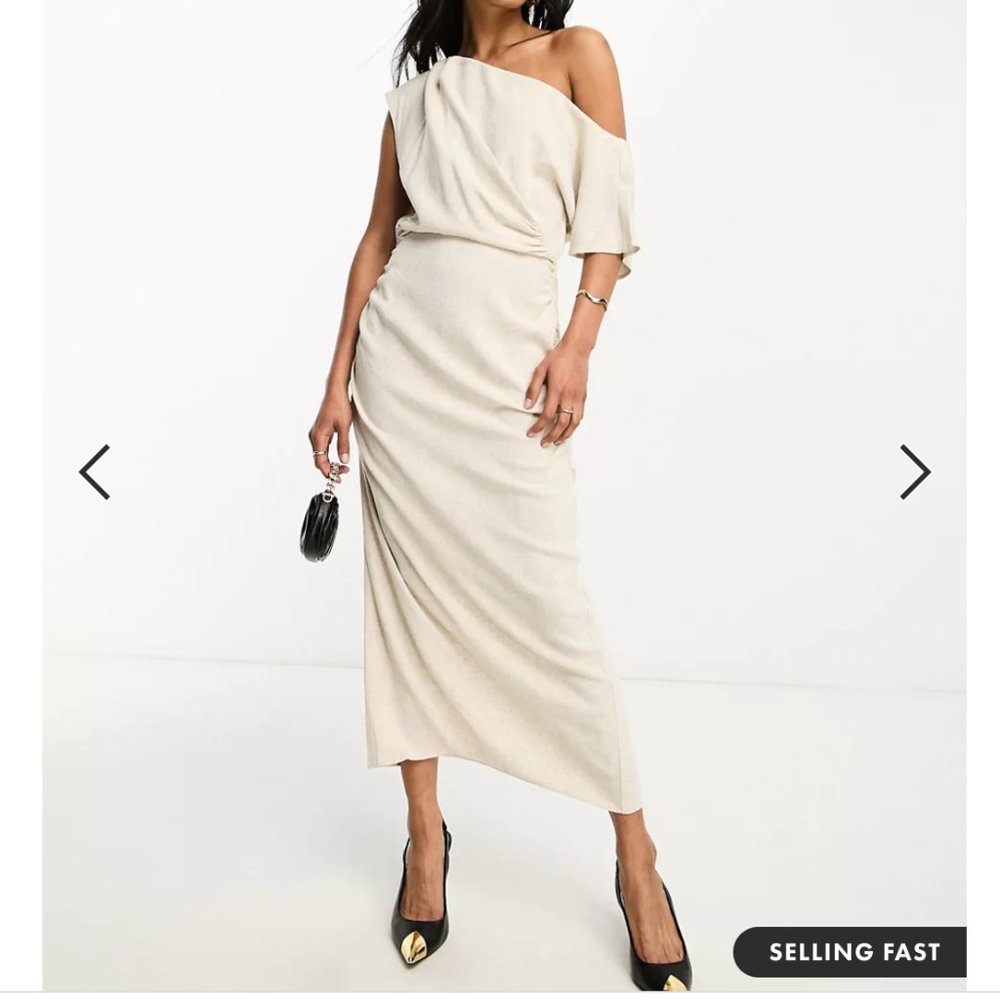 ASOS DESIGN linen fallen shoulder ruched midi dress in oatmeal